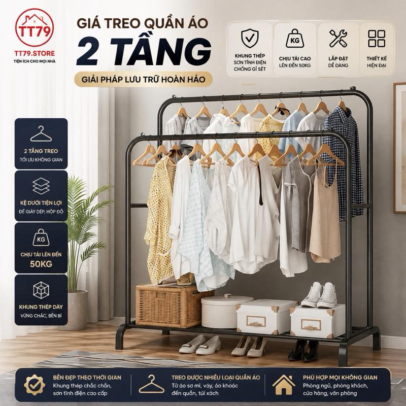 Kệ Treo Quần Áo Cao Cấp 2 Giàn Phơi 1 Tầng Để Đồ Thép Mạ Cacbon