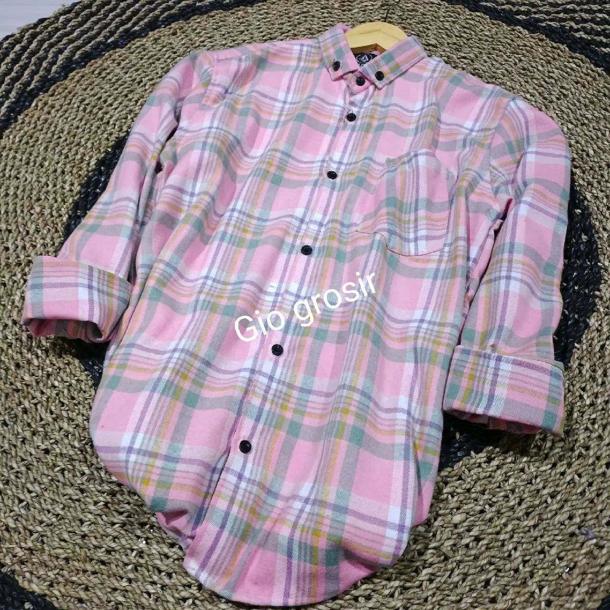 Kemeja flanel wanita pink lengan panjang kualitas premium V-Neck Baju Lembut Atasan Kotak