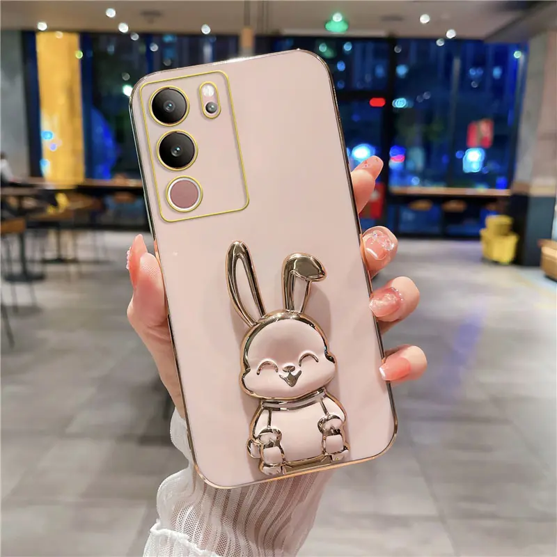 Sarung telefon untuk VIVO V29 5G V29e V29 Pro 5G V27 5G V27e V27 Pro 5G 2023 Arnab Bahagia, pendirian boleh lipat, sarung pelindung TPU lembut untuk VIVO V25 5G V25e V25 Pro 5G V23 5G V23e 5G
