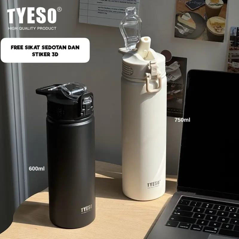 TYESO 750ml TS-8771C Tumbler Botol Air Minum Sedotan. Botol Olahraga Portabel SUS304 FOODGRADE BPA FREE Tahan Panas Dingin