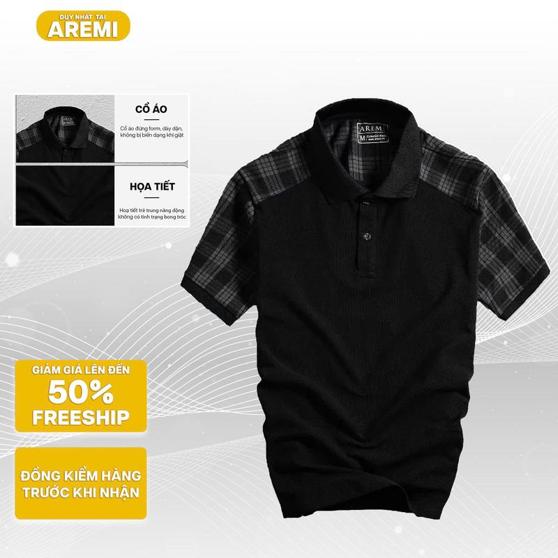 Áo polo đen nam tay ngắn cổ trụ phối caro AREMI chất vải cotton tổ ong co giãn cao cấp APL0038 Menswear Ngắn Tay Cộc Tay Có Cổ