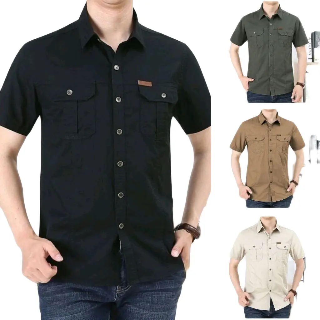 kemeja lapangan Pria lengan pendek bahan kanvas adem Jeans Nyaman Kancing Hitam Formal