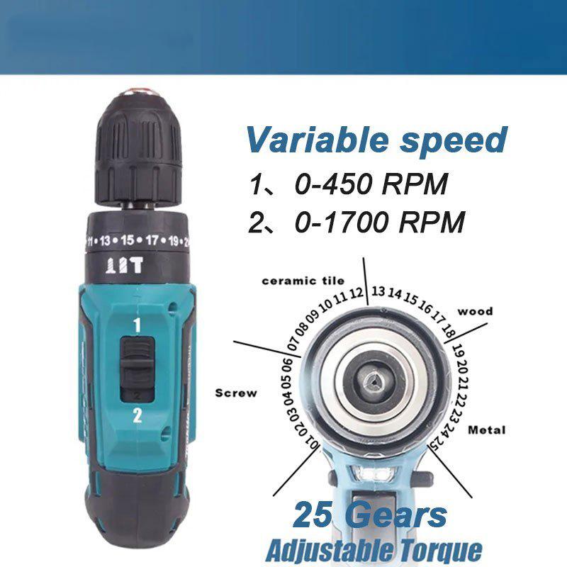 Mesin bor listrik Bor Tangan Tanpa Kabel Driver Bor Palu Tanpa Kabel 399v, Dilengkapi dengan Dua Baterai 399v Spanner Sets