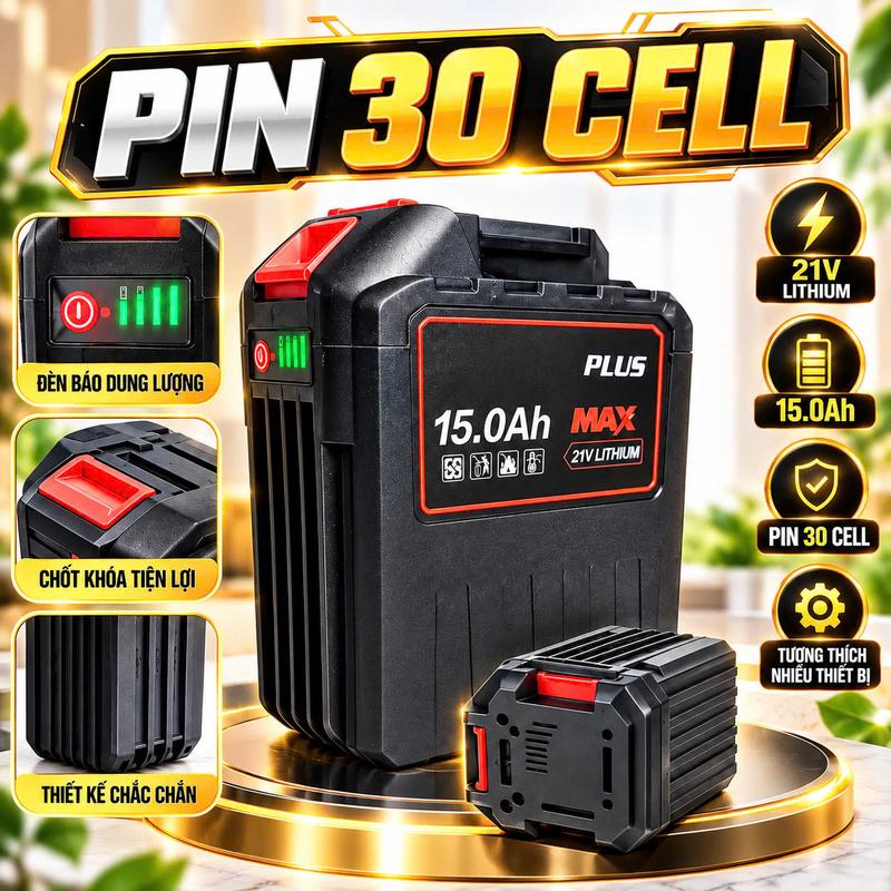Pin 30 Cell 15Ah Hệ M21, Pin 21V Chân Phổ Thông 4cm, Có Đèn Báo Pin, Phù Hợp Máy Khoan Máy Siết Máy Mài Máy Cưa