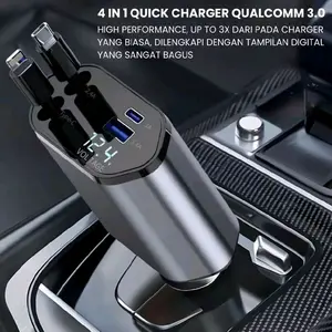 UPLU 120W Fast Charging Car Charger Mobil & Motor Rectractable Cable 4 In 1 Type-C Dan Iphone Qualcomm 3.0 dengan Tampilan Digital