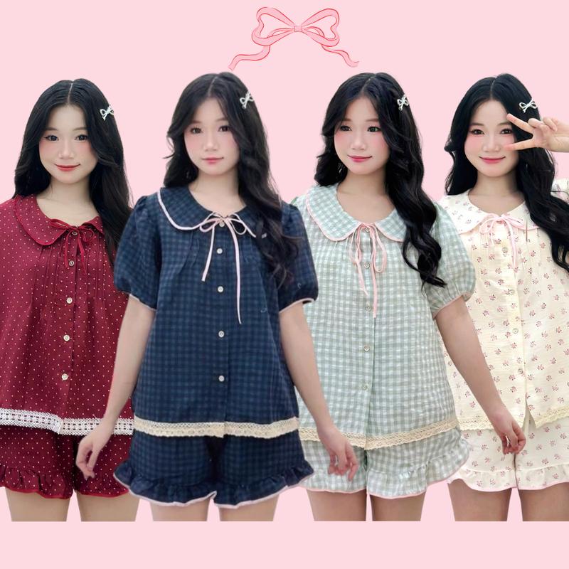 [cổ sen]  bộ pijama bộ ngủ nữ tiểu thư mùa hè mặc đi ngủ mát mẻ thoải mái Women Quần Ngủ Áo Ngủ Cotton