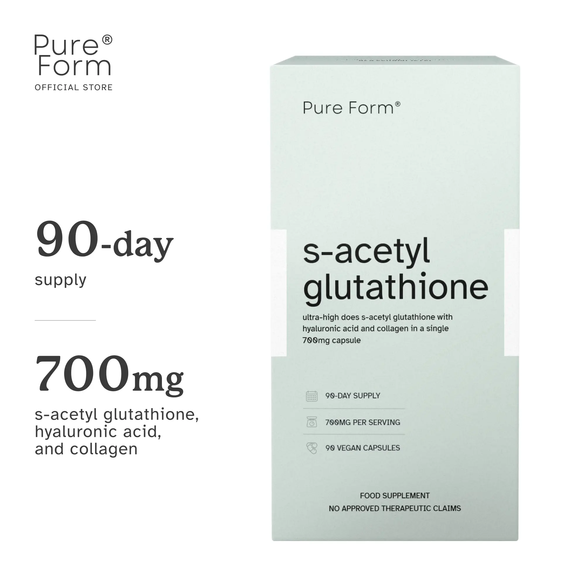 Pure Form S-Acetyl Glutathione | 90 Capsules | 700mg of Gluta + Hyaluronic Acid + Hydrolyzed Collagen | Skin Brightening, Moisturizing, and Anti-Aging Edible Supplement Beauty Healthcare Colagen Dietary Fitness