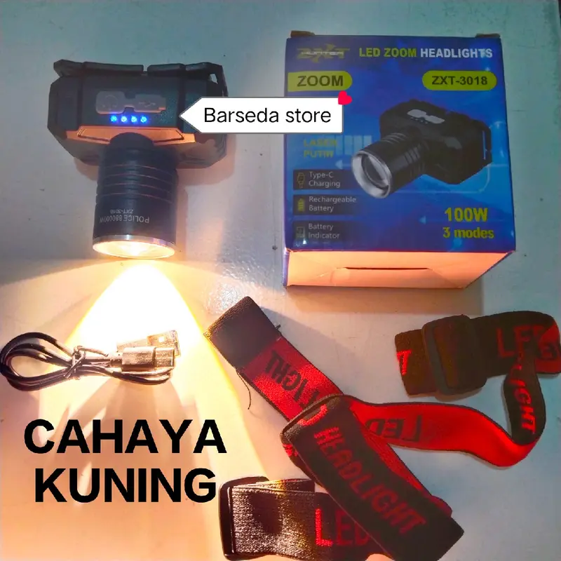 Senter Kepala Zoom Led 100 WATT ZXT-3018 Headlamp 3 Mode Cahaya KUNING Super Terang Cocok Pakai Camping Berkemah 0