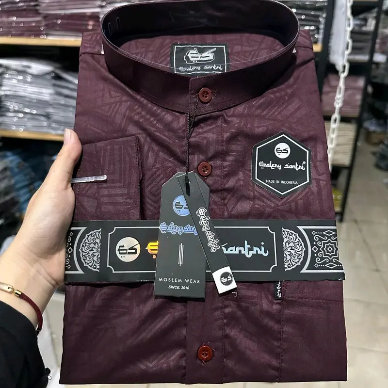 Galery Santri Baju Kemko Melayu Kemeja Koko Muslim Pria Bahan Spun Embos Premium Motif Polos Lengan Panjang Model Terbaru 3