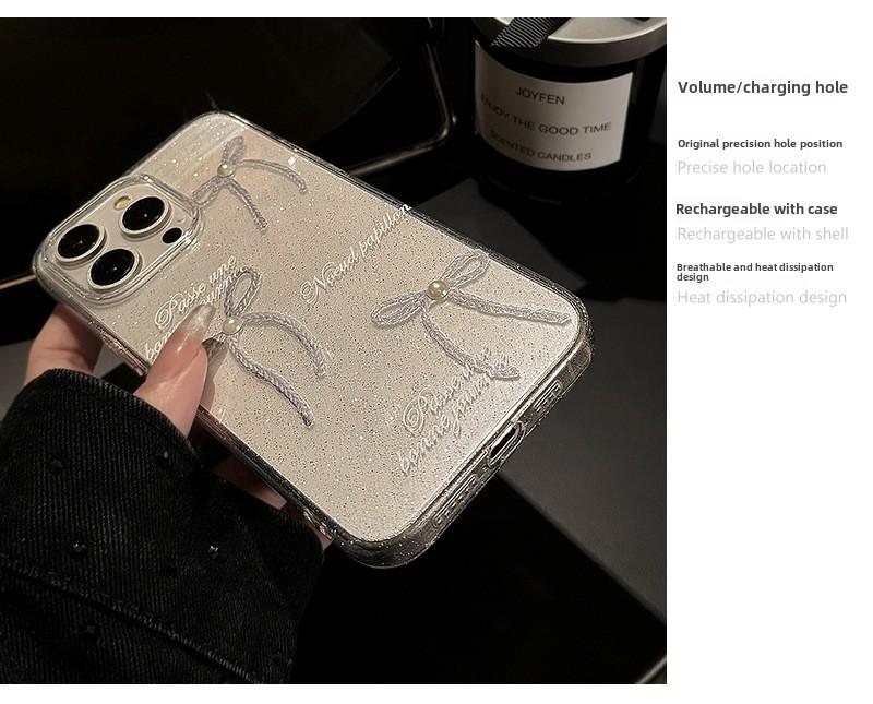 Product Introduction of Sparkly Pearl Bow Glitter Clear Full-Edge Protective Anti-Scratch Phone Case for iPhone 11/12/13/14/15/16 Pro/15 Pro Max Shockproof Anti-Drop Smartphone Case for Women 9