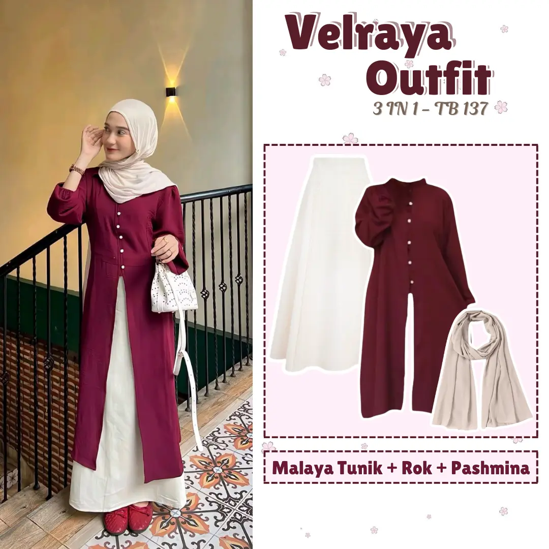 Setelan One Set Velraya Outfit 3 In 1 (Malaya Tunik Maroon + Rok Flare Ivory + Pashmina) OOTD Hari Raya / Kondangan TB 137