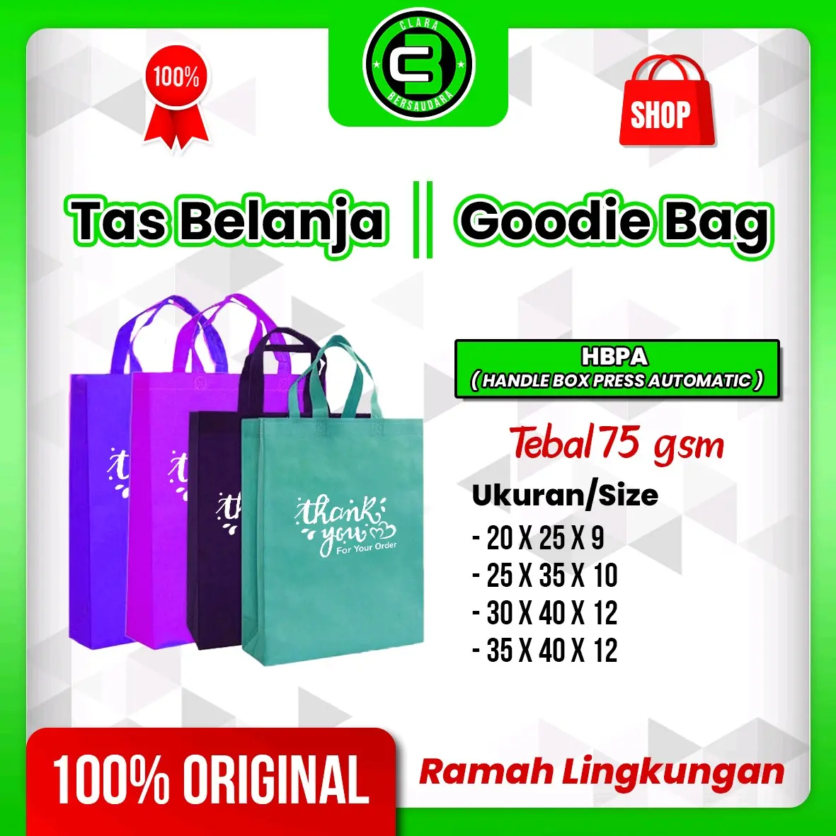 Goodie Bag | Motif ( Tank You For Your Order ) | Tas Belanja | Tas Souvenir | Tas Hajatan | Tas Ulang Tahun | Spundbond Goodie Bag - HBPA Handle Box Press Automatic 75GSM