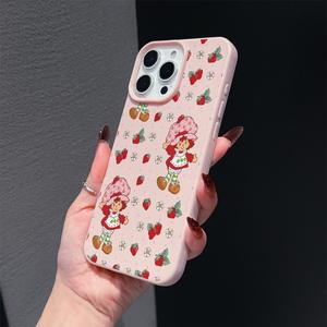 1 pieza, Funda para celular con textura de cuero rosa y diseño de Niña Fresa compatible con iPhone 11, 12, 13, 14, 15, 16, 17 Pro Max, Pro/Plus/Air Regalo perfecto para tu pareja, presente de Navidad, regalo de Año Nuevo
