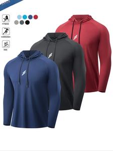 Conjunto de camiseta deportiva con capucha de manga larga para hombre, tela transpirable que absorbe la humedad, logotipo reflectante en el pecho, ideal para gimnasio, correr y ciclismo