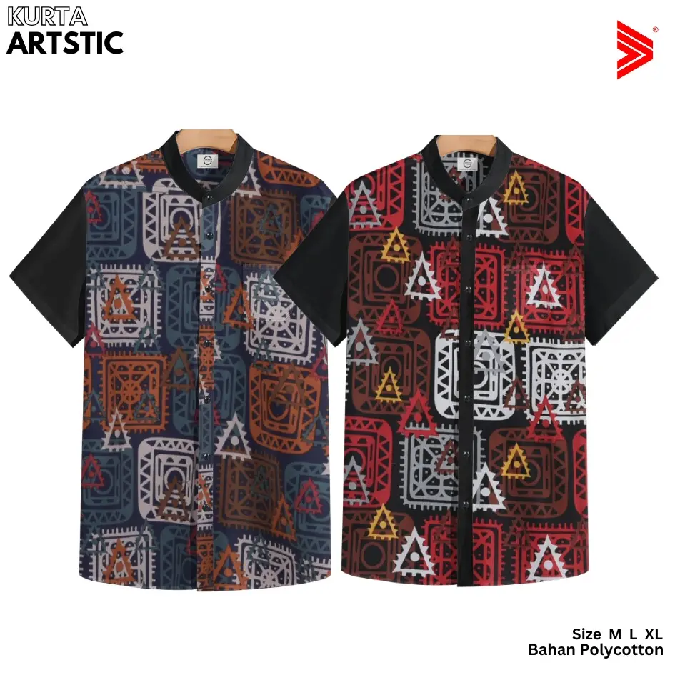 Tiagan99 Baju Koko Pria Shanghai Lengan Pendek Serie Muslim Ramadhan Lebaran motif Printing Artstic Merah