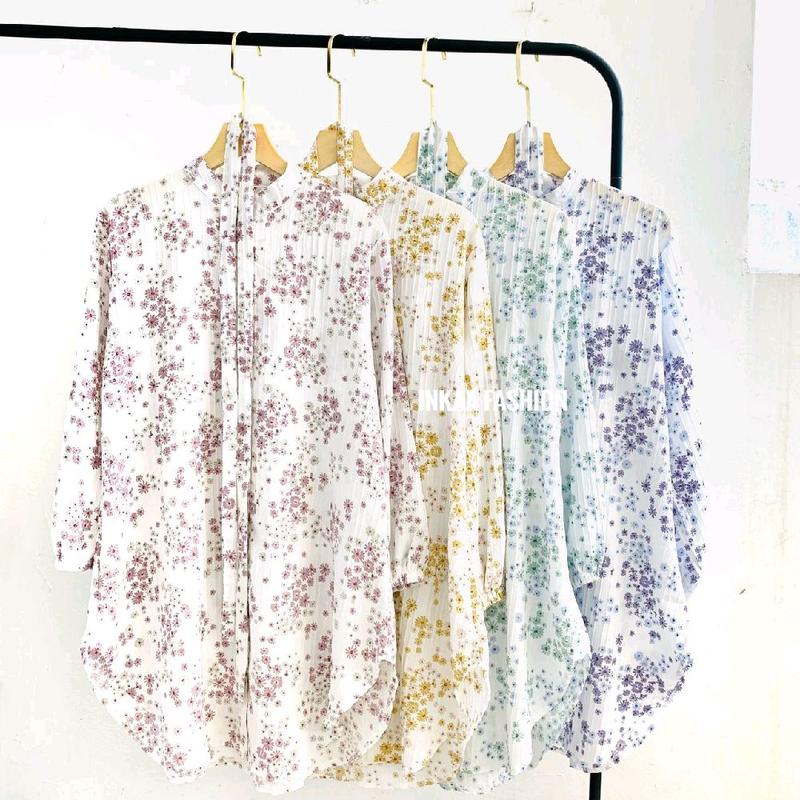 Tunik Lebaran Motif Muslim Panjang Busui ukuran Oversize Pakai Kancing Wanita Dress Etnik Bunga 0
