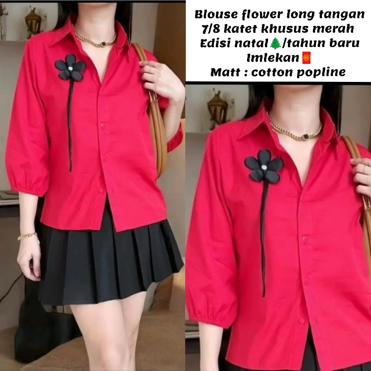 BLOUSE MERAH FLOWER LONG WANITA