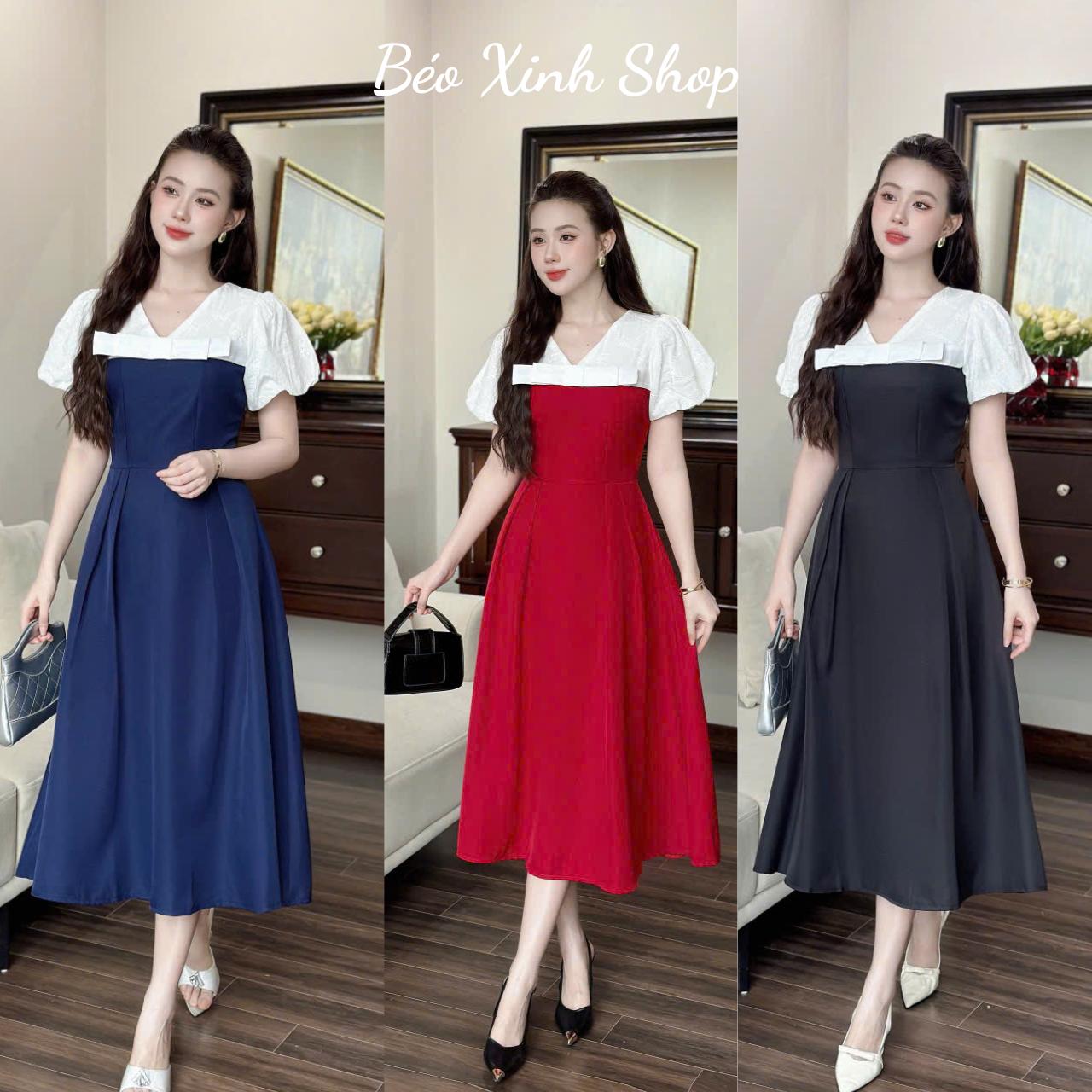 Váy Dự Tiệc Nữ Phối Cổ V Vải Cotton Lạnh Cao Cấp Thanh Lịch Bigsize Từ 40 - 95Kg Thời Trang Nữ Béo Xinh Shop - A.1554