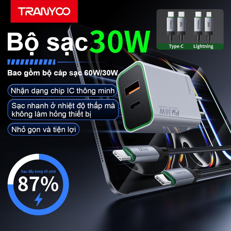 TRANYOO Bộ Sạc Nhanh 30W 2 Cổng USB Type-C US13 Chính Hãng Tranyoo Cho Điện Thoại - Phone Phụ Kiện Usb