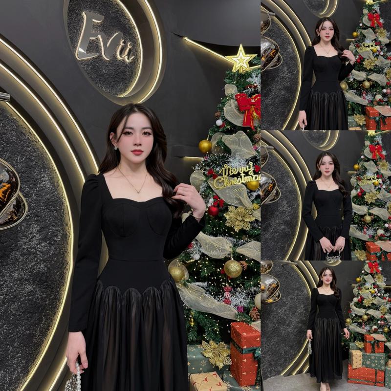 VK44 - Váy Thiết Kế Evii dành cho nữ Đầm thiết kế cổ vuông chân váy phối tơ xếp ly dáng xòe dài phù hợp đi làm đi chơi và đi dự tiệc. Có Bigsize Women Dress