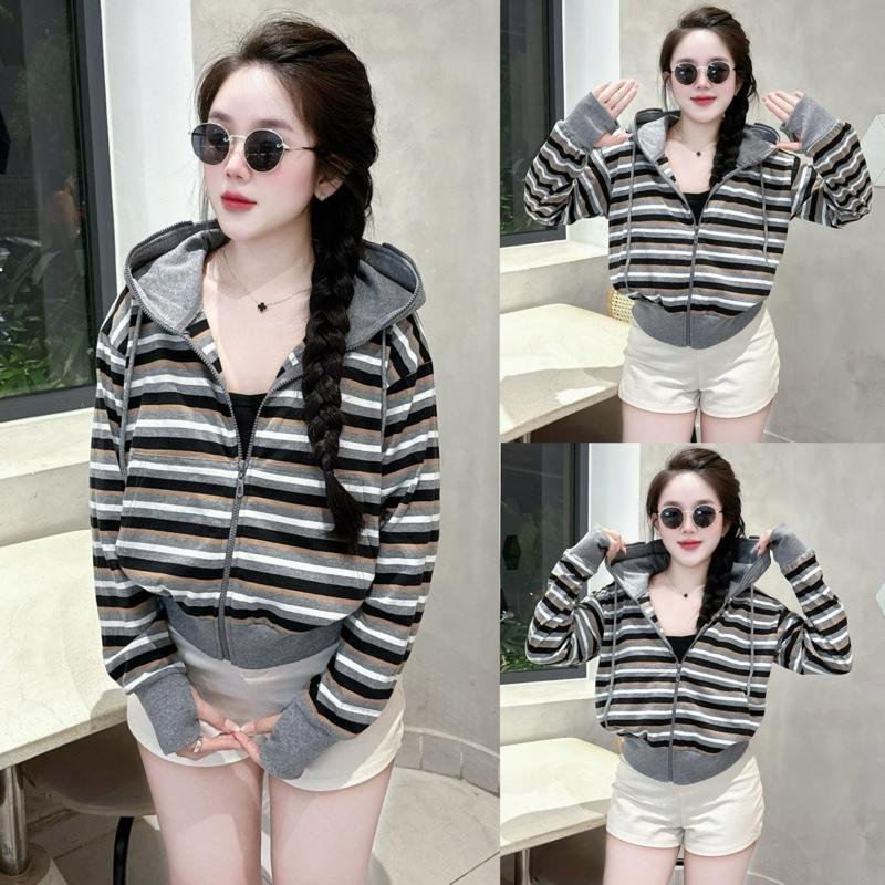 Quỳnh Hí | Áo khoác thun cotton chất mát áo nhẹ không dày Sọc Kẻ 6 túi form lửng mang mát Nữ Top