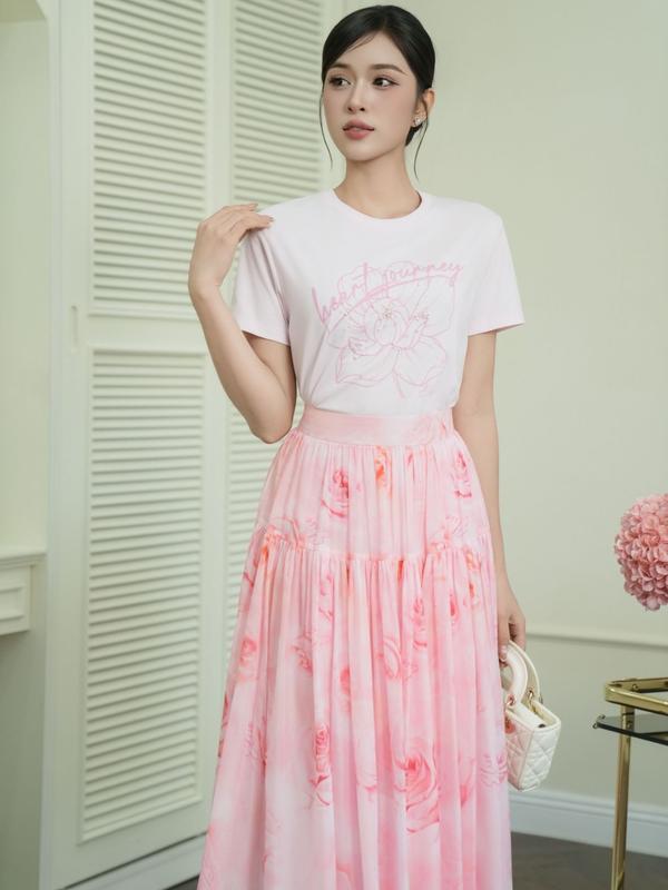 Áo thun hồng in hình đính hạt PK thiết kế Elise mã ES2503266TSKCPK