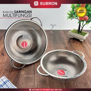 SUBRON Saringan Multifungsi 16.5cm 19.5cm Baskom Lubang Cuci Buah Sayur Daging Kelapa Stainless Gambar
