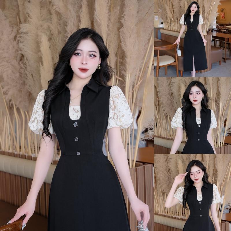 CE62 - Váy Thiết Kế Evii dành cho nữ, Đầm thiết kế cổ bẻ phối lưới thêu hoa tay bồng, đính cúc tạo điểm nhấn, dáng A dài xẻ trước phù hợp đi làm, đi chơi và đi dự tiệc. Có Bigsize Women Dress