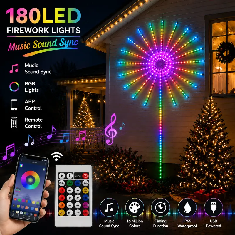 Smart Firework Lights with App & Remote Control, RGB Color Changing LED Lights, 16 Million Colors, 213 Dynamic Modes, Music Sync & Mic, Indoor Room Decor for Bedroom, Party & Christmas
