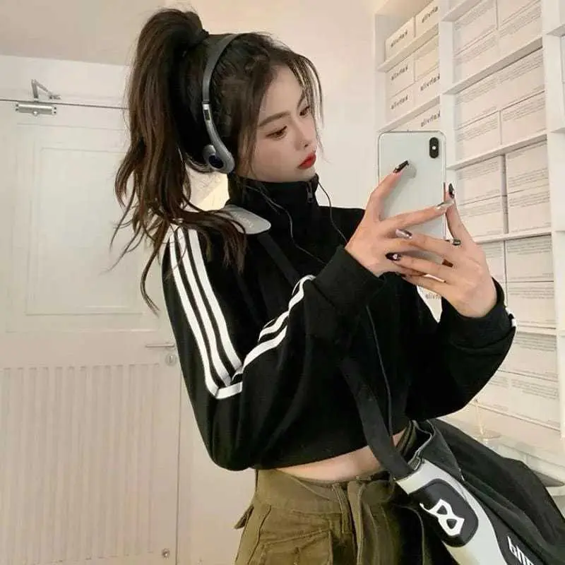 Jaket Crop Wanita - Stand Collar Jaket Vintage Crooped Korean Style Kekinian 6