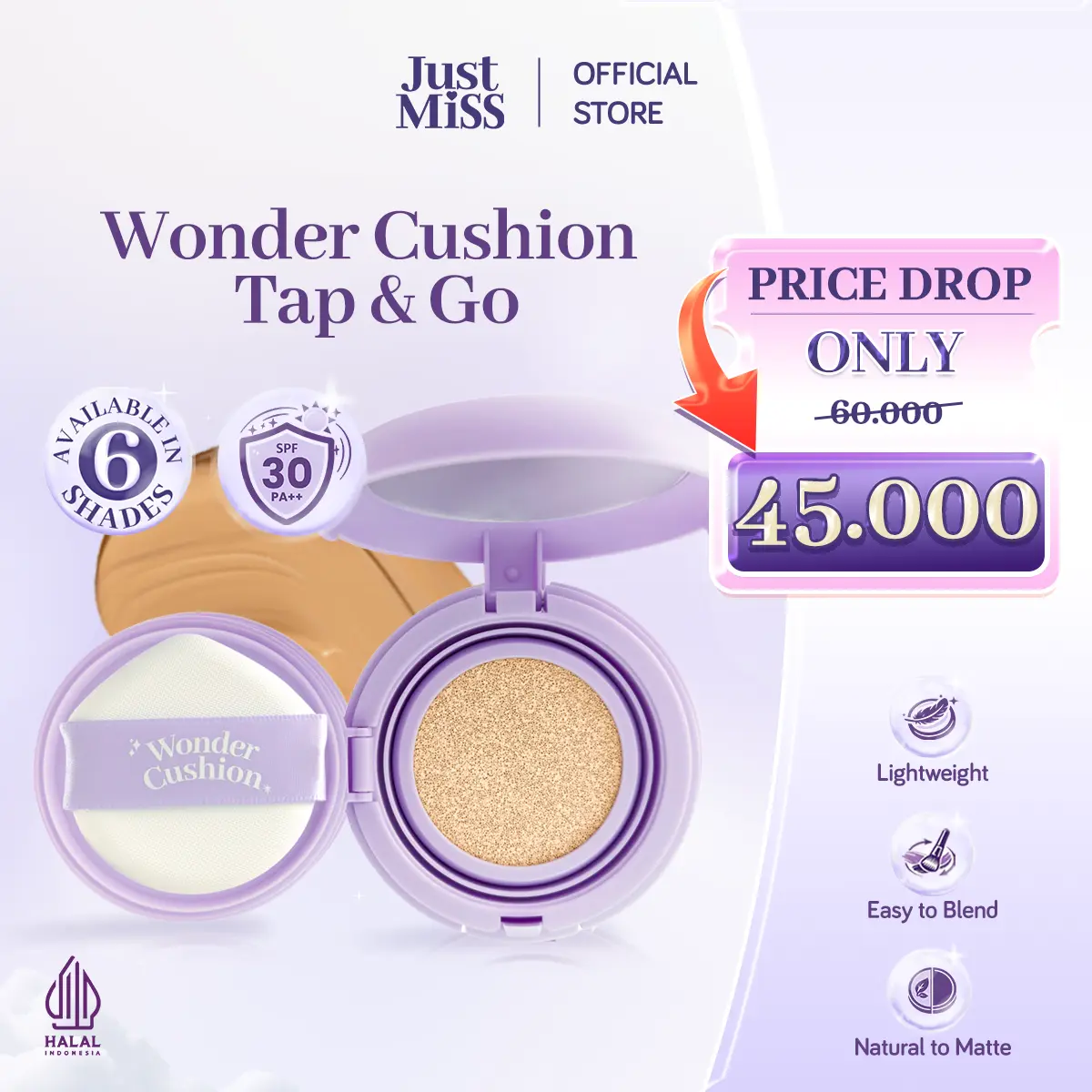 [SPECIAL PRICE] JUST MISS Wonder Cushion Tap & Go SPF 30 PA+++ 12g - Base Makeup, Foundation Ringan, Tahan Lama, Long Lasting, Natural Matte, Original