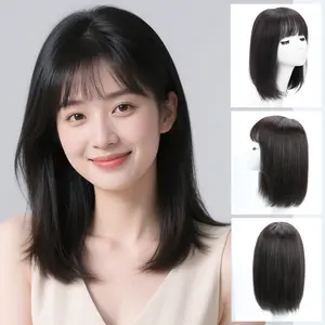 Wig Wanita Lurus Klavikula Pendek Wajah Bulat Alami Yang Modis Seluruh Set Rambut Gesper Bagian Dalam Gaya Korea Poni Udara Rambut Palsu Panjang Sedang Kepala Penuh