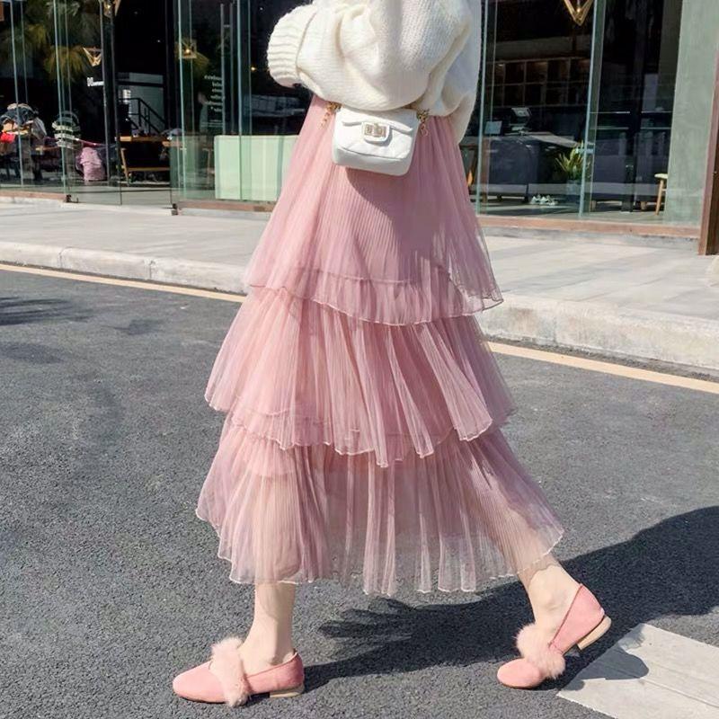 Product Introduction of 2020 spring summer new cake skirt pleated skirt gauze skirt skirt women's midi length fairy mesh skirt long skirt 3