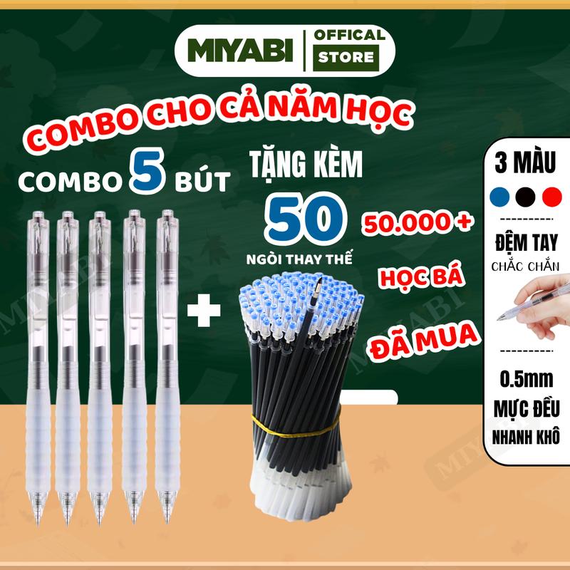  COMBO 5 bút bi nước kèm 50 ngòi bút bi nước ST tiêu chuẩn 0.5mm khô nhanh  combo bút gel học sinh  bút mực gel  bút gel bấm giá rẻ 