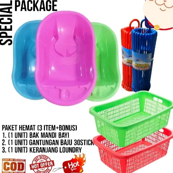 Paket Hemat Bak Mandi Bayi Polin + Keranjang Pakaian Folding Bulat/Hanger Puter 20 Stik dan 30 Stik - Bather GRATIS BUBLE WRAP 3