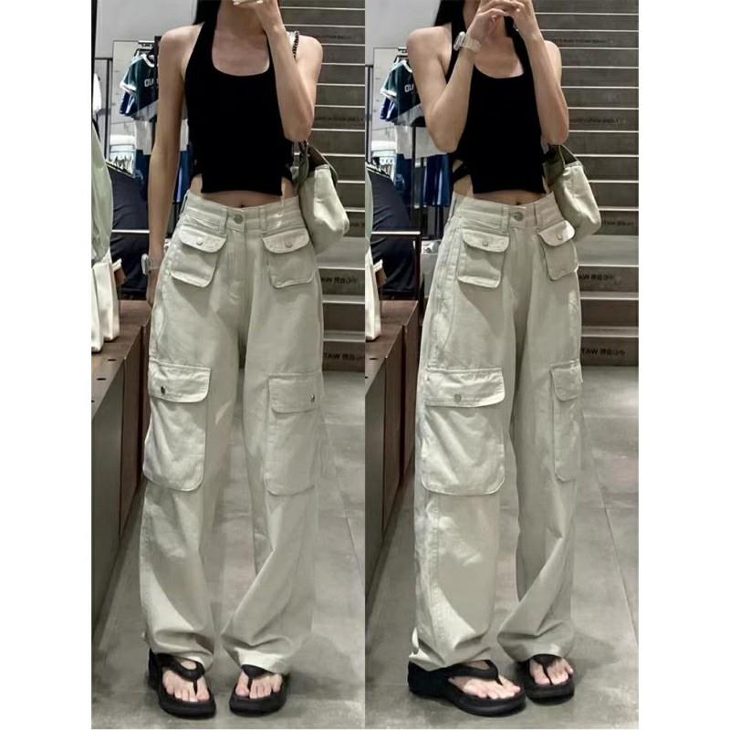 Cargo Denim Pasir Putih Highwaist Loose Celana Jeans Wanita Korea 3