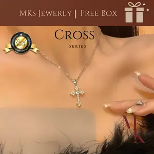 MKs Free Box Kalung Salib Permata Titanium Premium Anti Karat Jewerly Cross Berlian Tahan Luntur Wanita Hadiah Perhiasan Fashion Religious