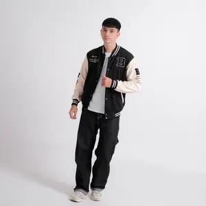 Jaket Varsity Baseball Full Bordir Pria Wanita Bahan Fleece Tebal Ukuran M L XL Hitam