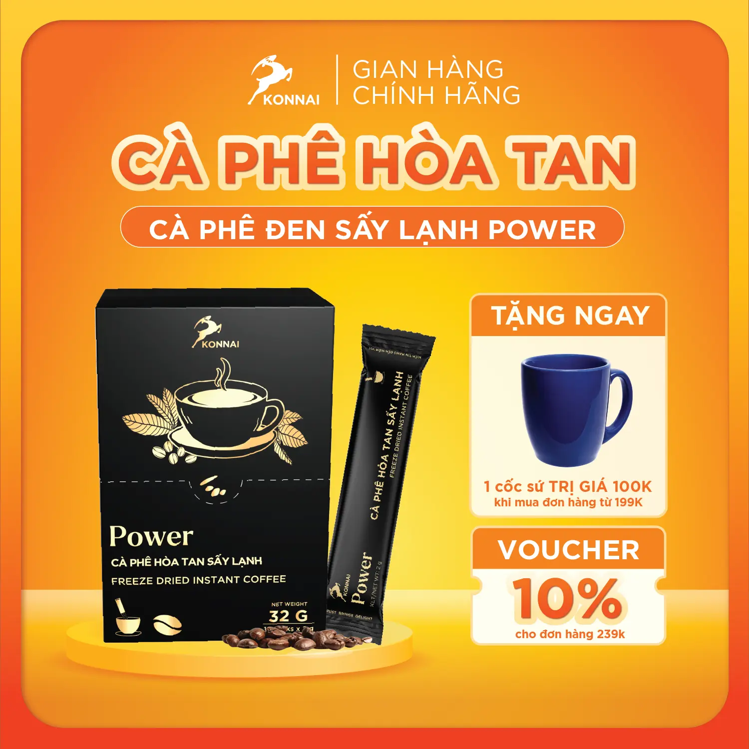 Cà phê đen hòa tan sấy lạnh Konnai Coffee - 16 gói/ hộp