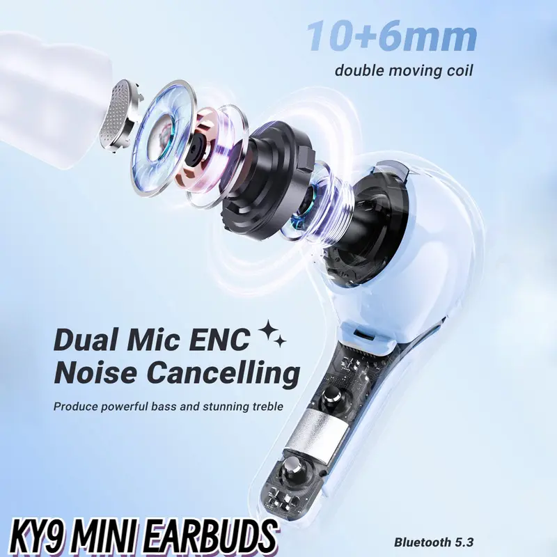 KY9 - tai nghe Bluetooth không dây mini, pha lê 7 màu, thân tròn, rõ ràng, đèn thở mát mẻ với màn hình kỹ thuật số tai  nghe Nhét Tai Nghe Nhạc 4