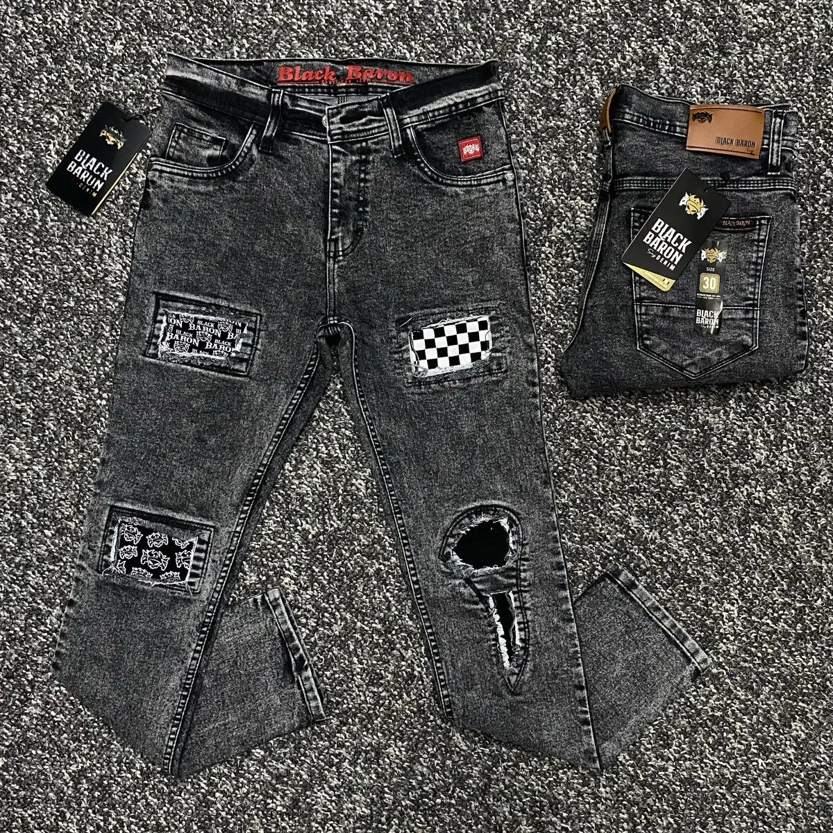 Celana Jeans Panjang Sobek Snow R2 Black Baron  Denim Slimfit Stretch Distro cowok Dewasa Nyaman