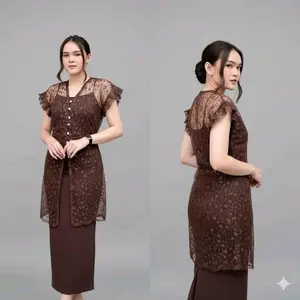 1 set || Layca OUTER TILE MIX SEQUIN Setelan Wanita Elegan dengan Sentuhan Sequin untuk Tampilan Maksimal brokat premium Kebaya warna coklat mahogany crop safa