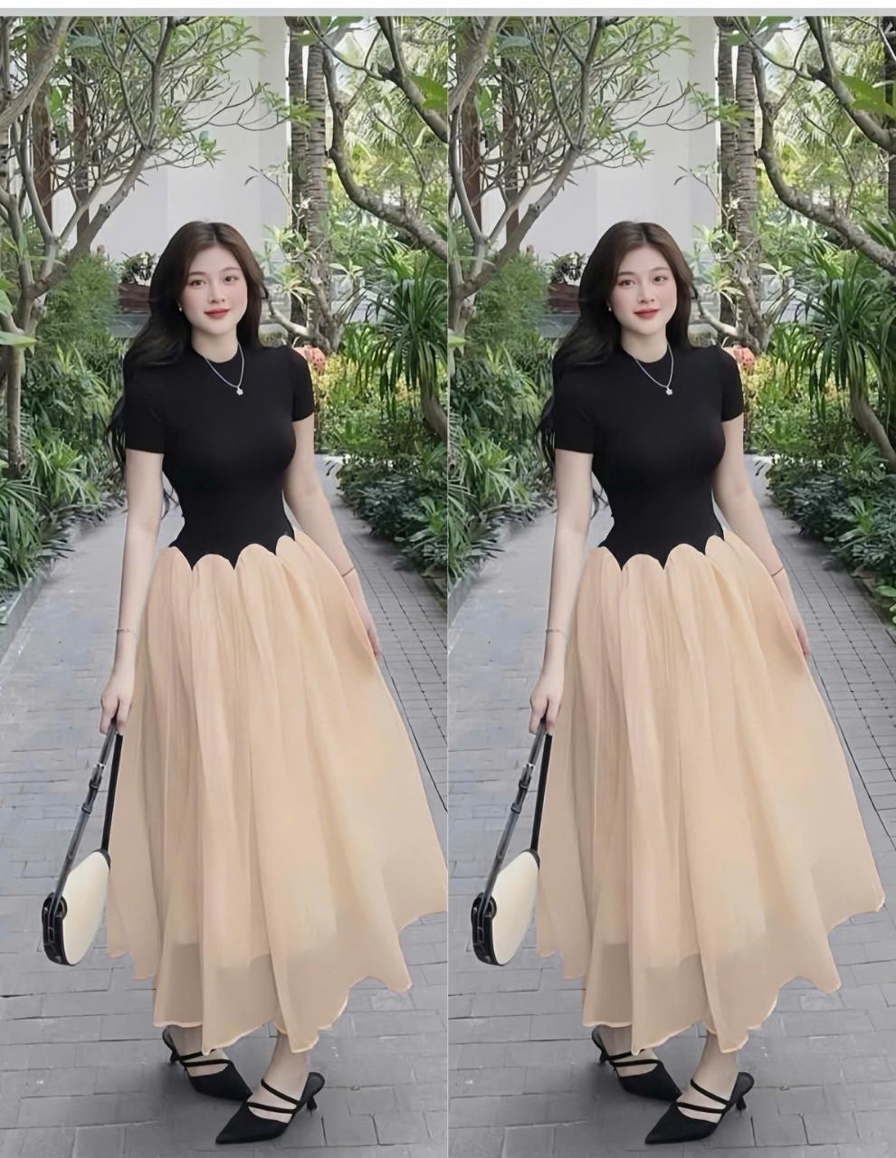 Váy Dự Tiệc Nữ Cổ Tròn Phối Váy Xòe Cao Cấp Thanh Lịch Bigsize 45- 90 Kg Dễ Thương Nữ Women Top - A.1549