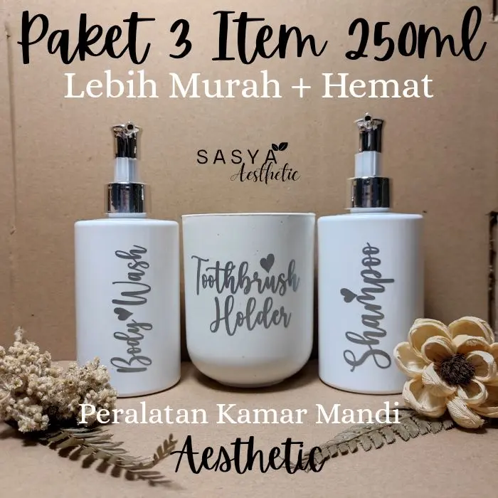 Paket Peralatan Kamar Mandi Botol Sabun & Shampo Pump Plastik Aesthetic Gelas Tempay Sikat gigi dispenser odol Putih Gold & Silver Lebih Murah & Hemat (T1P) 2