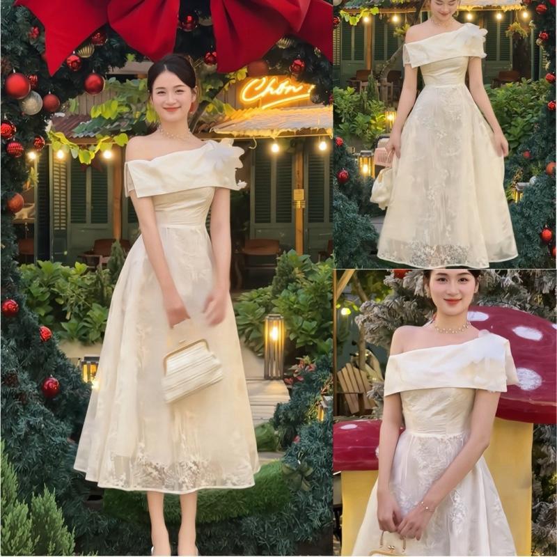  Đầm Ren Dự Tiệc Lệch Vai Y76  3 lớp kèm tag hoa ngắn kèm quần bảo hộ lệch phải  Sang Trọng Tôn Dáng Màu Kem - Akara Closet 