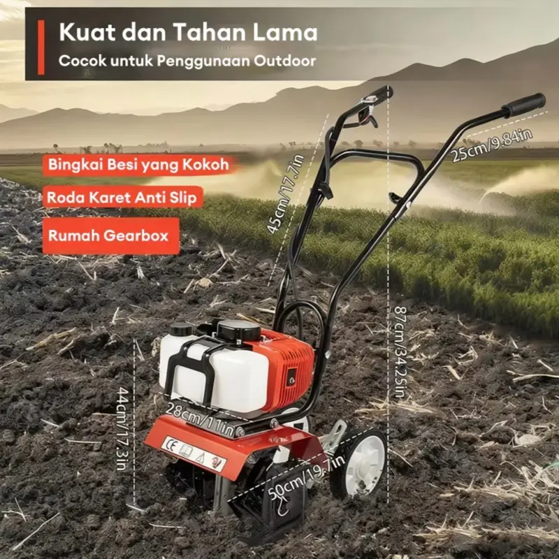Mesin Penggiling Tanah Kuat dan Tahan Lama dengan Bingkai Besi Kokoh Roda Karet Anti Slip dan Rumah Gearbox untuk Penggunaan Outdoor