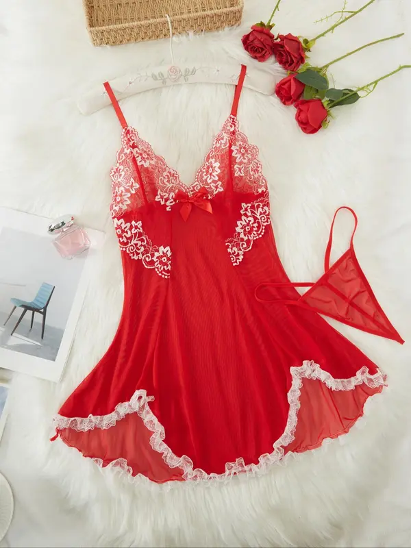 Women's Cami Nightdress & Panty Sexy Sleepwear Two-piece Set, Spaghetti Strap Nightgown & Panty Set, Ladies Sleepwear for Summer 3