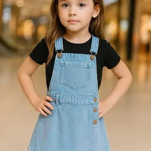 Obral Overall Anak Denim Biru Muda dengan Desain Kancing dan Tas di Depan