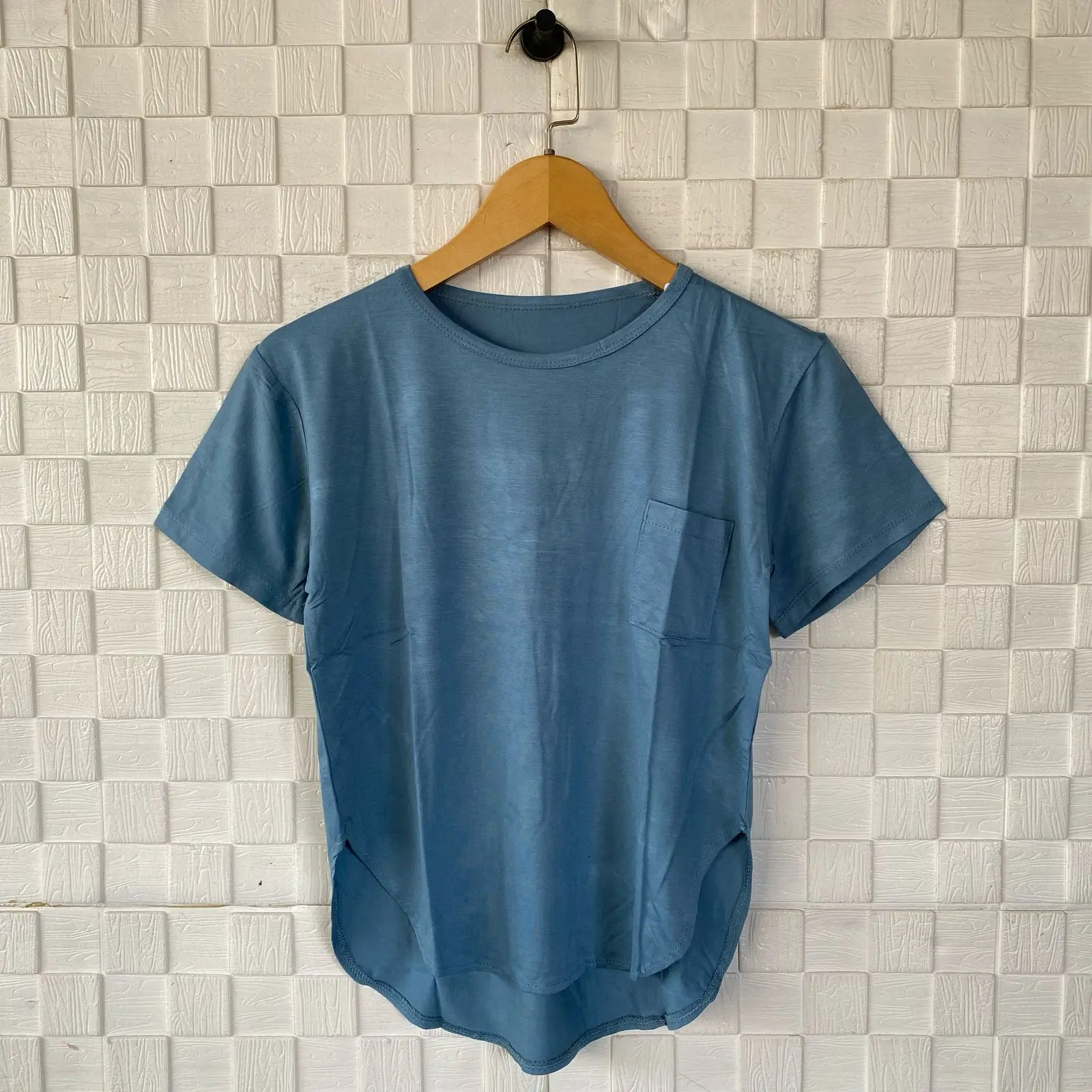 Atasan oblong opal panjang sebelah/kaos polos lengan pendek wanita/t-shirt spandek rayon/blus oval wanita saku satu terbaru