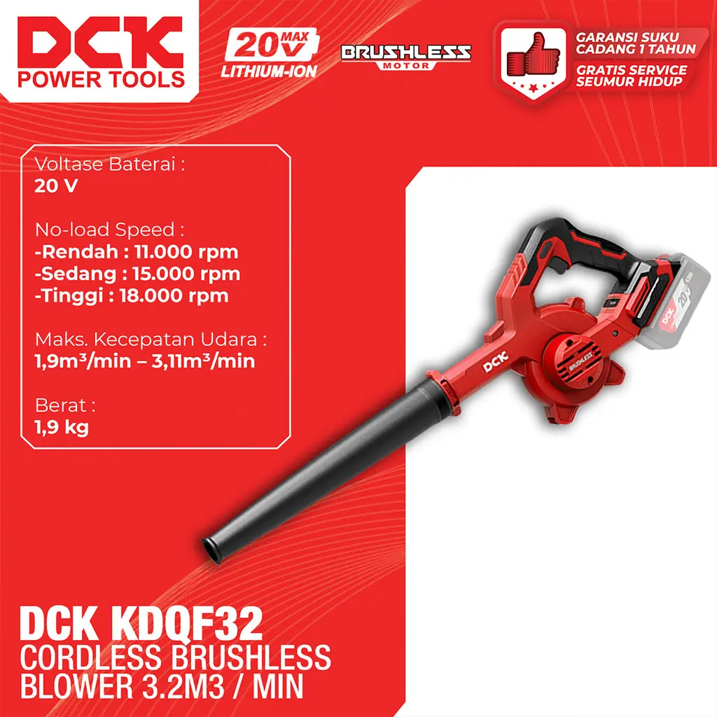DCK Cordless Brushless Blower 3.2m3/min / Mesin Blower Baterai / Peniup Baterai 20V KDQF32